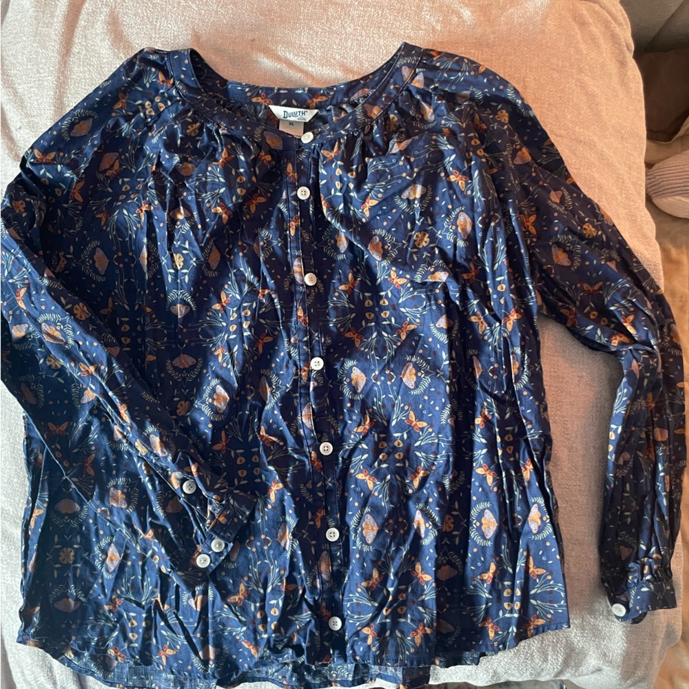 Duluth Trading Co Blue and Orange Patterned Blouse